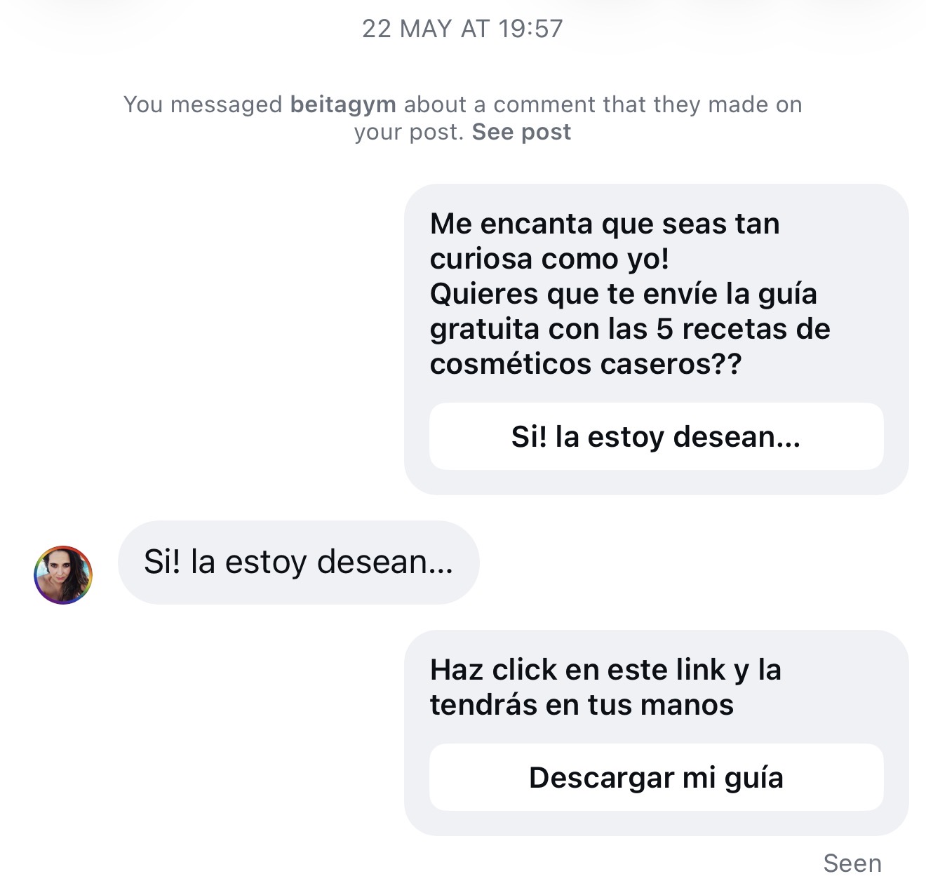 Automatización de DM: comentario entrega guía de 5 recetas de cosméticos caseros